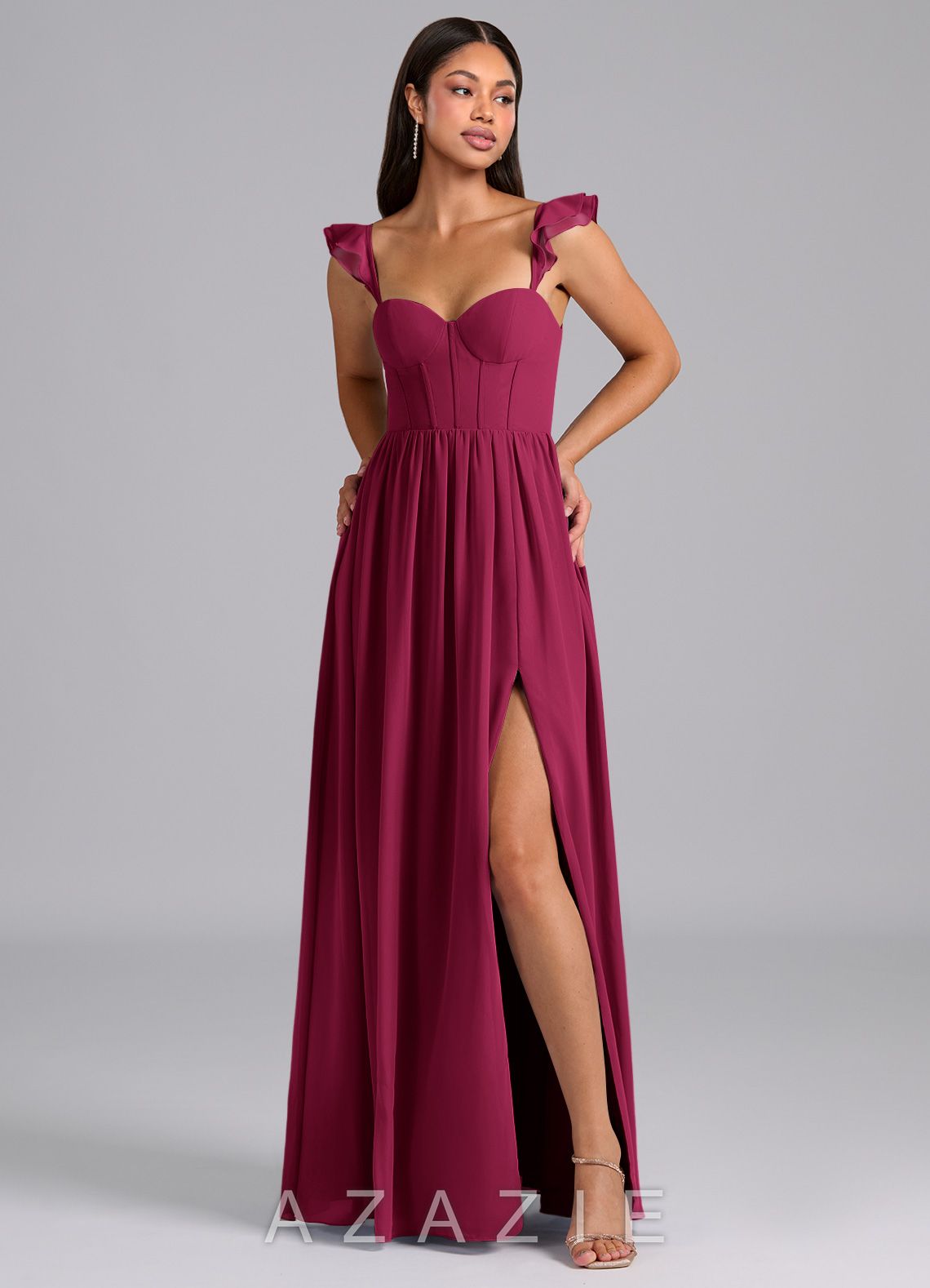 Azazie Denisse Burgundy A-Line Ruched Chiffon Dress