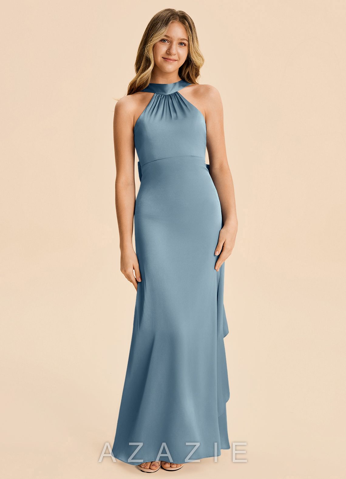 Azazie Ayah Junior Dusty Blue Mermaid High Neck Stretch Satin Dress dusty_blue