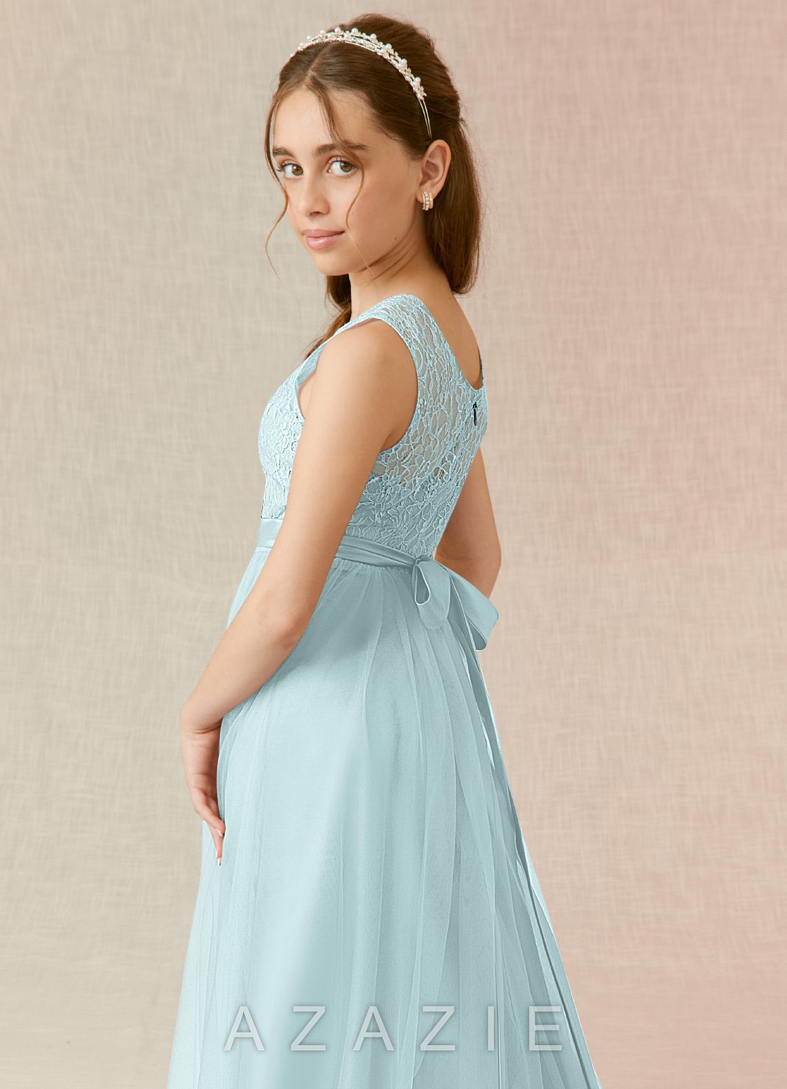 Azazie Georgette Junior Mist A-Line Lace Tulle Dress mist