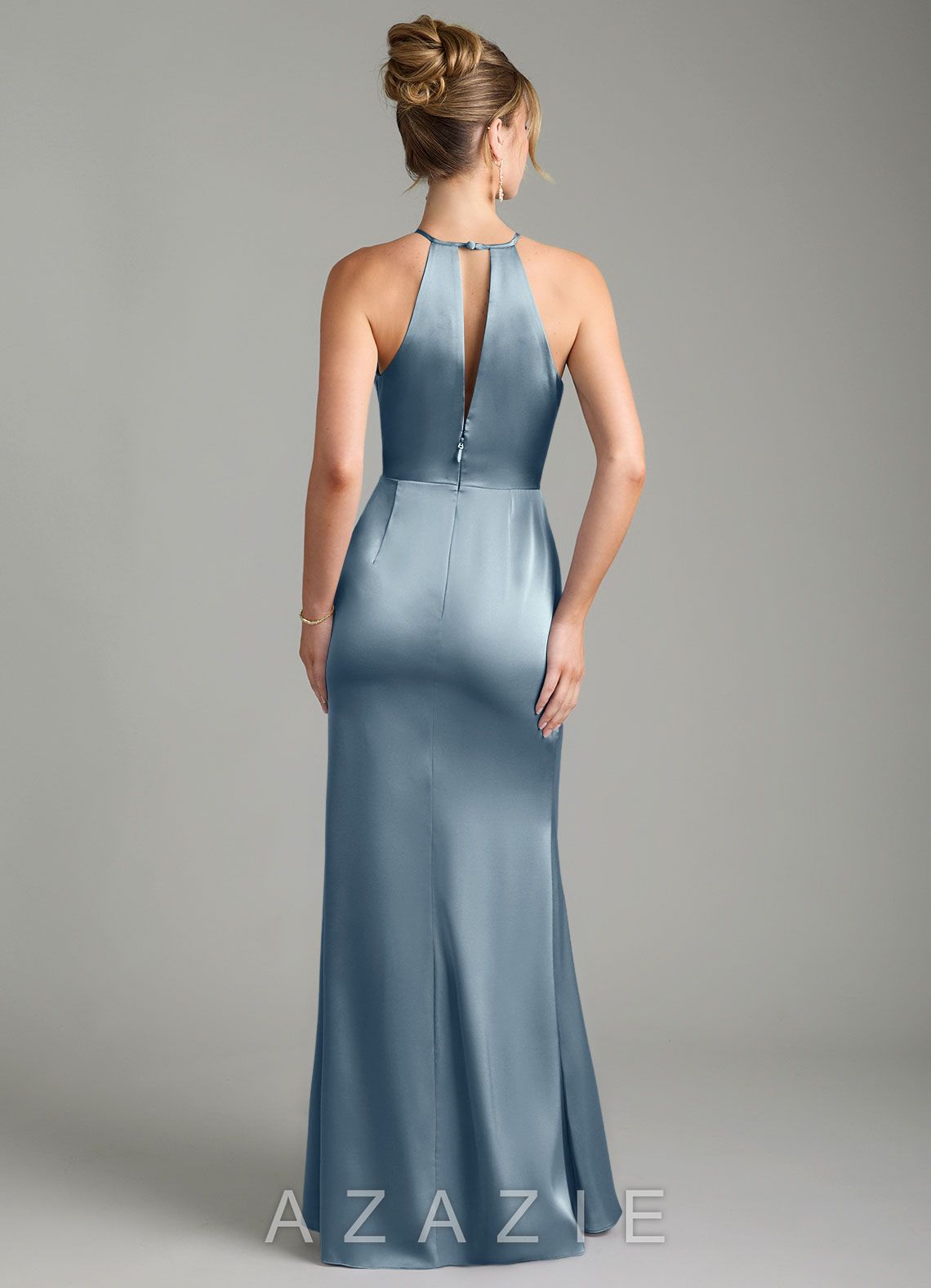 Azazie Aidyn Dusty Blue Sheath Pleated Stretch Satin Dress dusty_blue