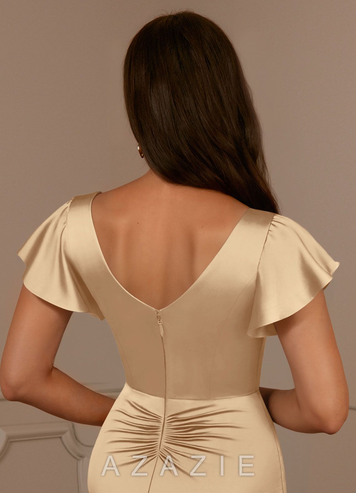 Azazie Roya Champagne Mermaid V-Neck Pleated Stretch Satin Dress champagne
