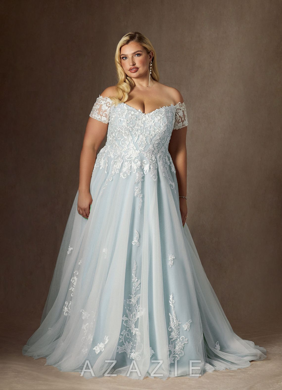 Azazie Rowe Wedding Dress Cloudy Blue Ball-Gown Off the Shoulder Tulle Dress