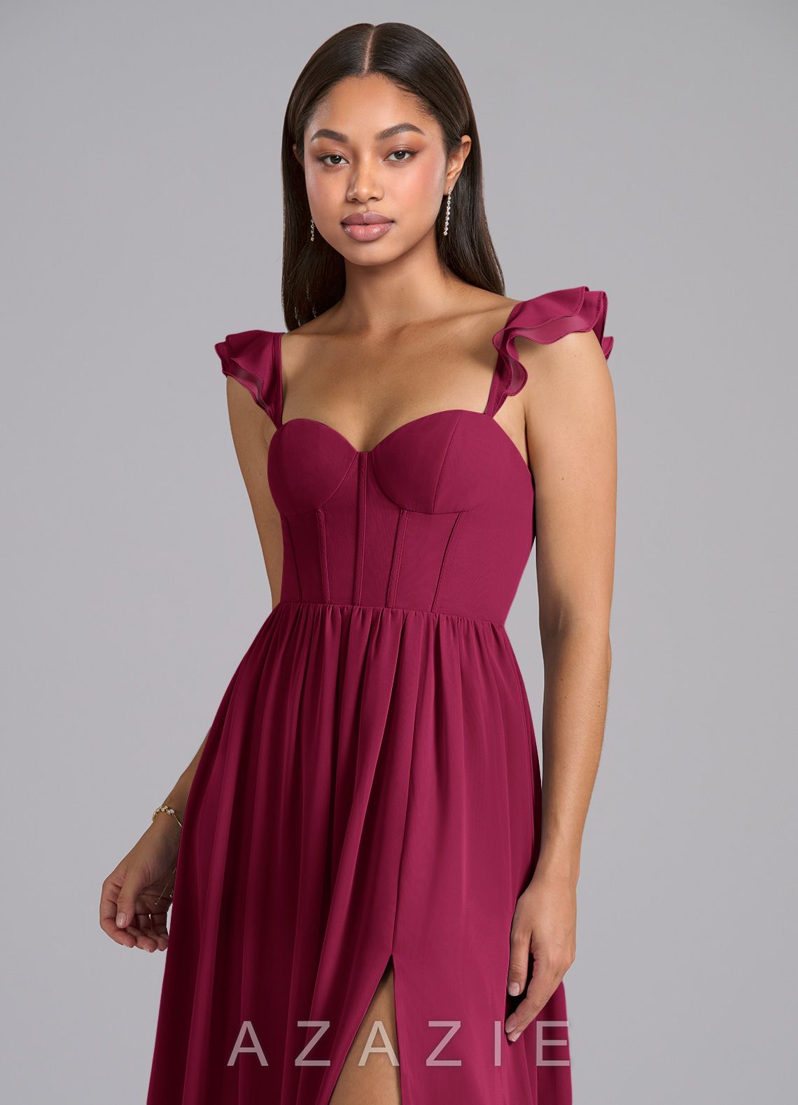 Azazie Denisse Burgundy A-Line Ruched Chiffon Dress burgundy