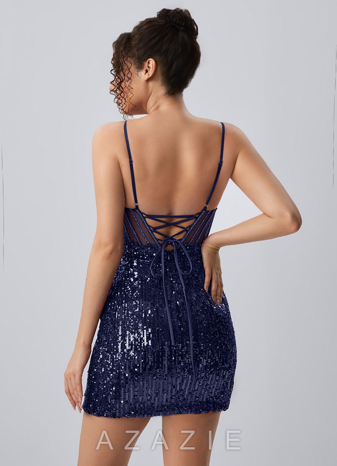 Martine Navy Spaghetti Strap 3D Floral Sequin Corset Mini Dress