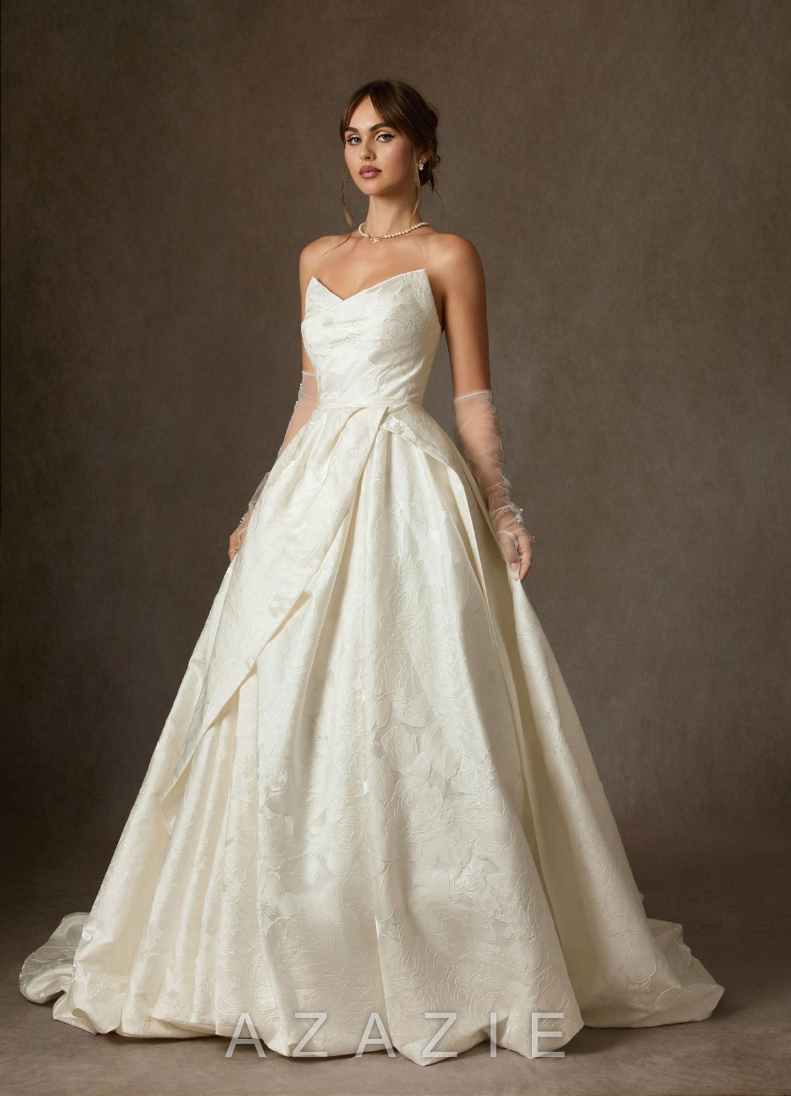 Azazie Allira Antique White Ball-Gown Strapless Floral Jacquard Dress