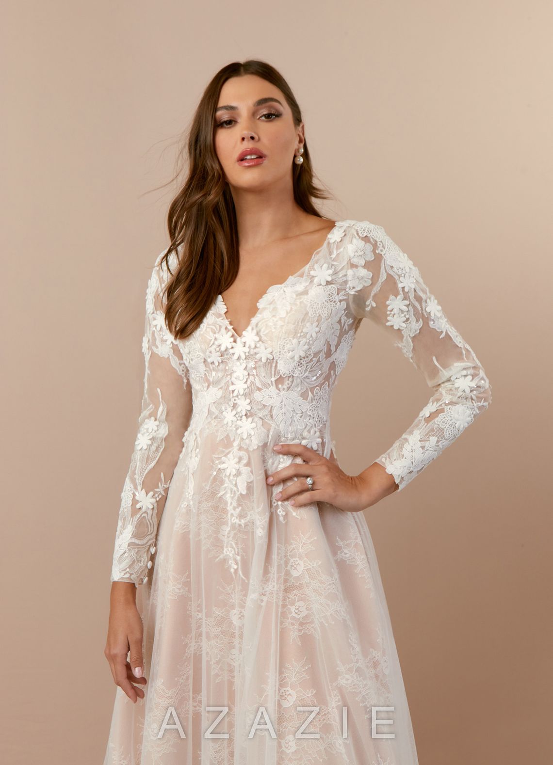 Azazie Leila Wedding Dress Diamond White Nude A-Line V-Neck Sequins Tulle Dress diamond_white/nude