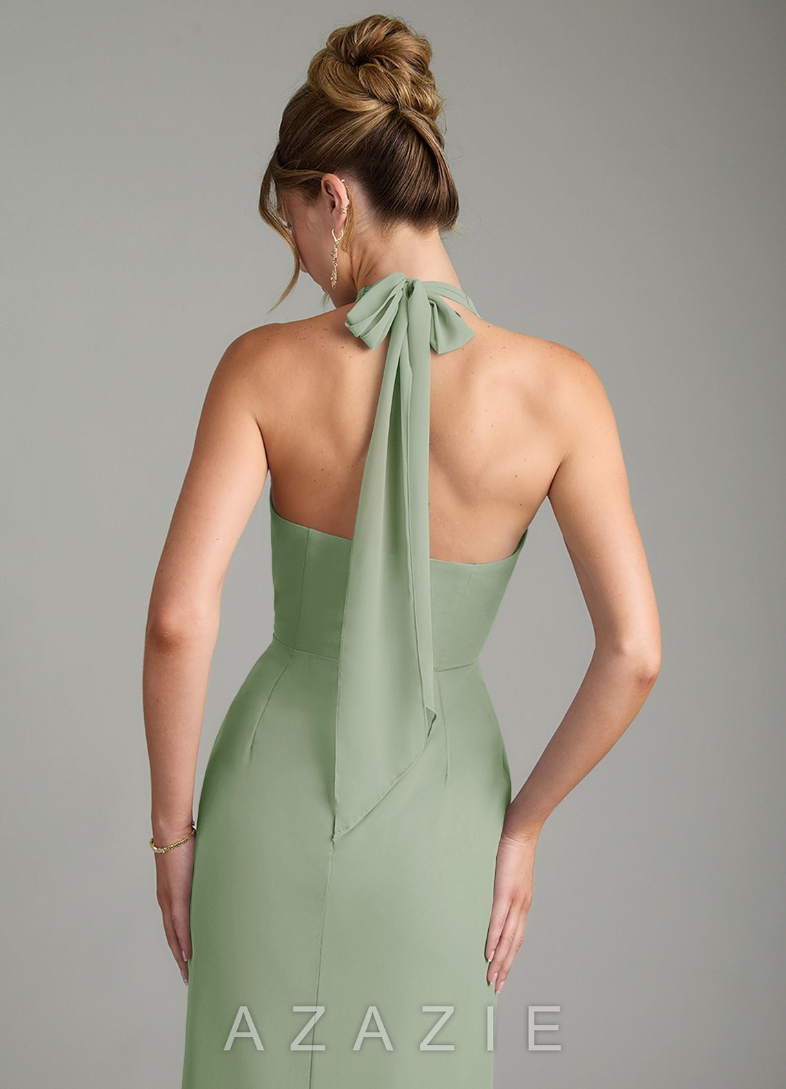 Azazie Arnelle Dusty Sage Sheath Pleated Chiffon Dress dusty_sage
