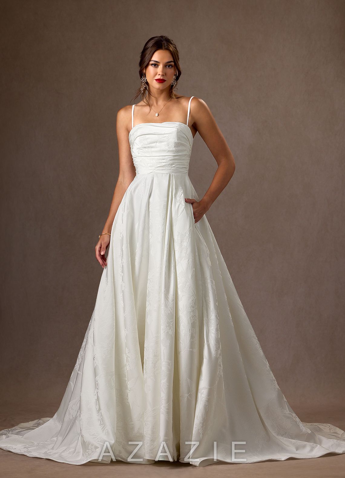 Azazie Daliah Diamond White A-Line Strapless Floral Jacquard Dress