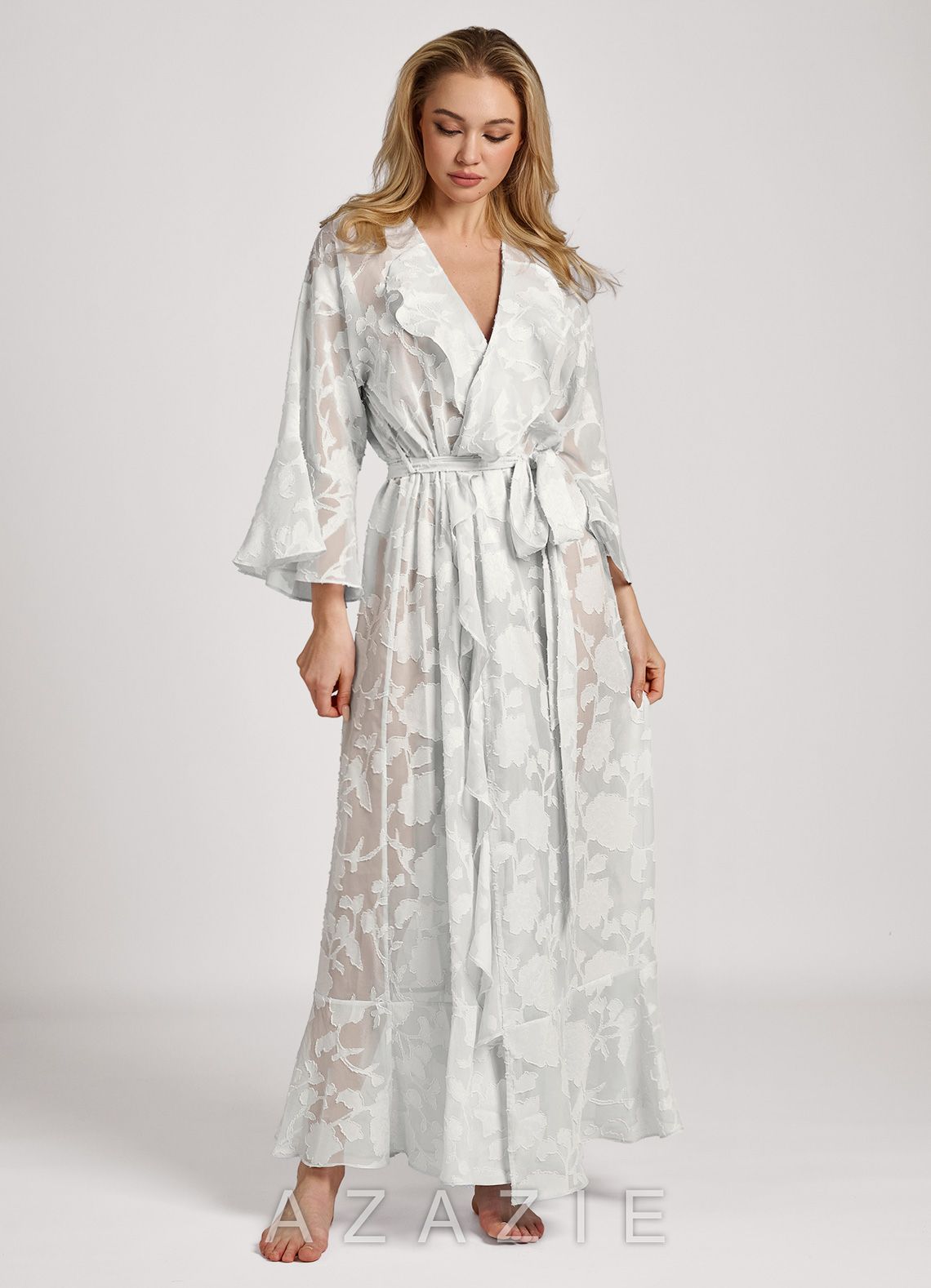 Floral Jacquard Ruffle Long Robe  white