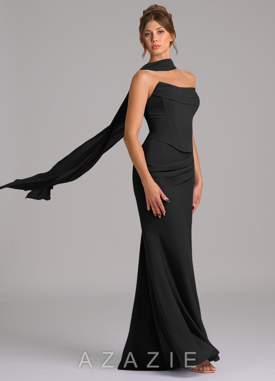 Azazie Sorrel Black Mermaid Corset Chiffon Dress black