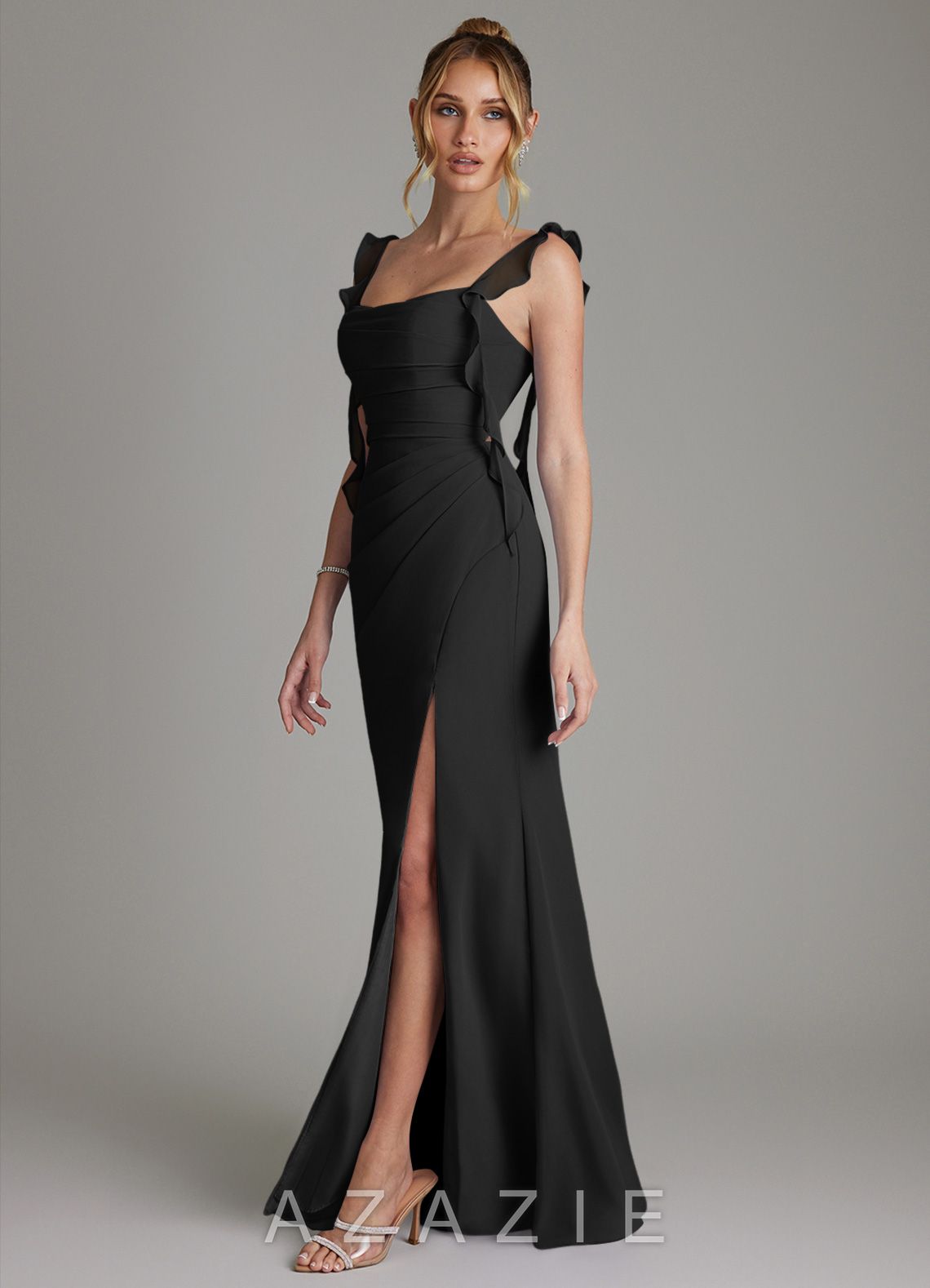 Azazie Jessamine Black Mermaid Corset Chiffon Dress black