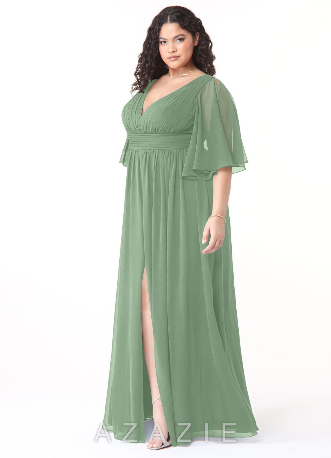Azazie Temeka Matcha A-Line Ruched Chiffon Dress matcha