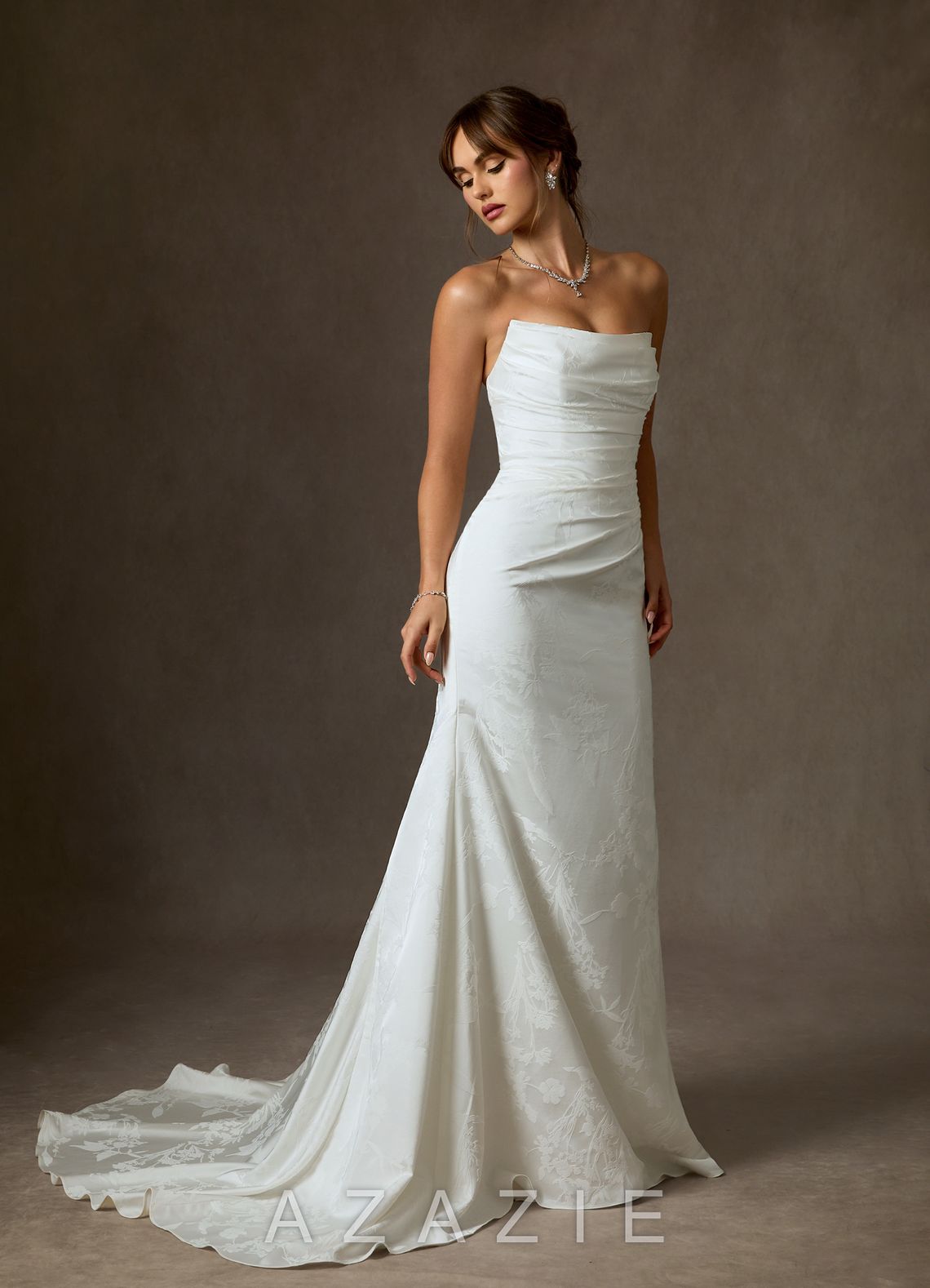 Azazie Elyse Diamond White Mermaid Strapless Floral Jacquard Dress diamond_white