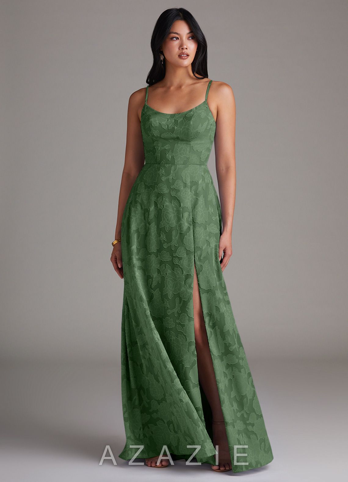 Azazie Moira Eucalyptus A-Line Side Slit Floral Burnout Dress eucalyptus