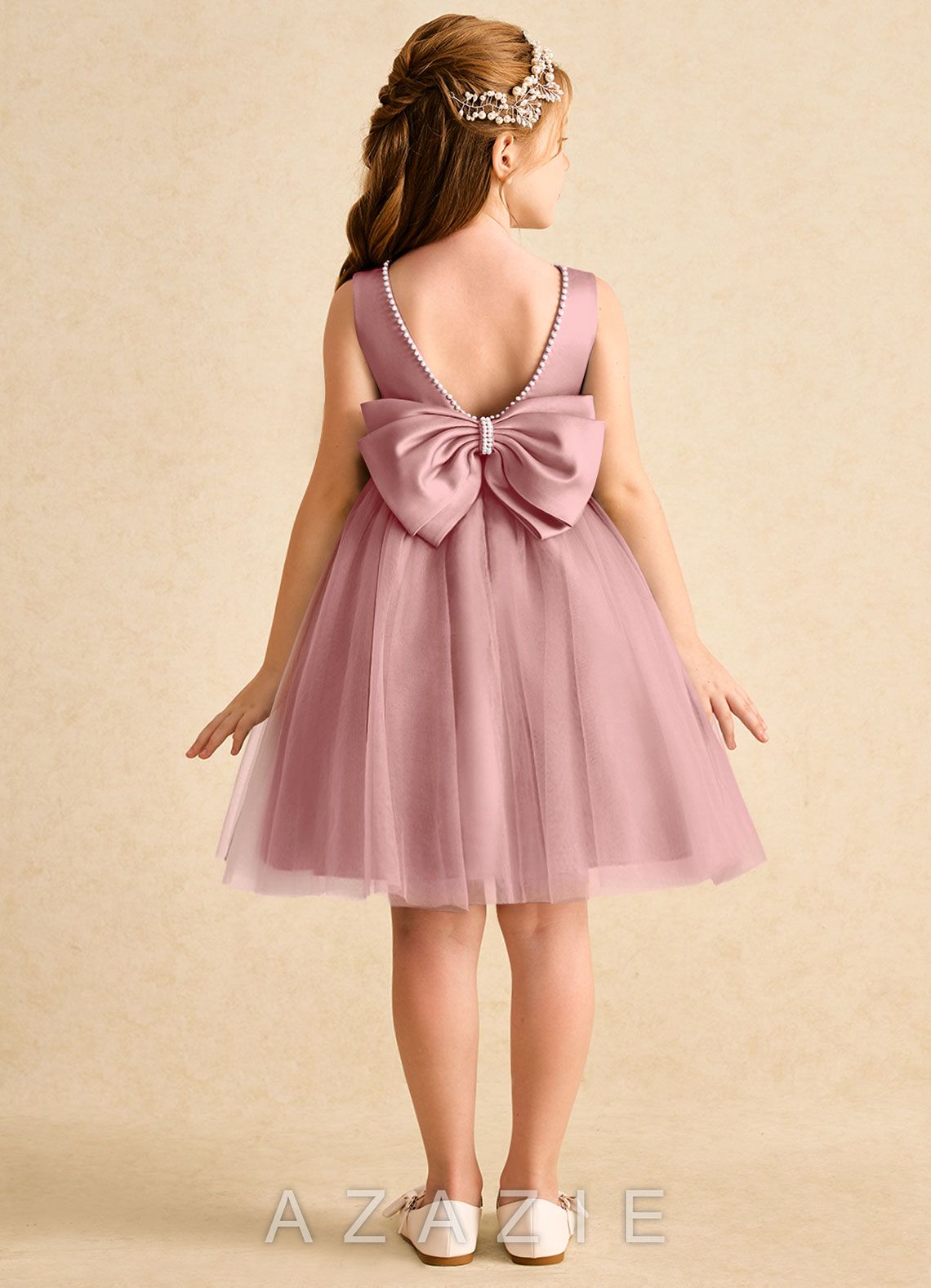 Azazie Jani Dusty Rose A-Line Bow Tulle Dress