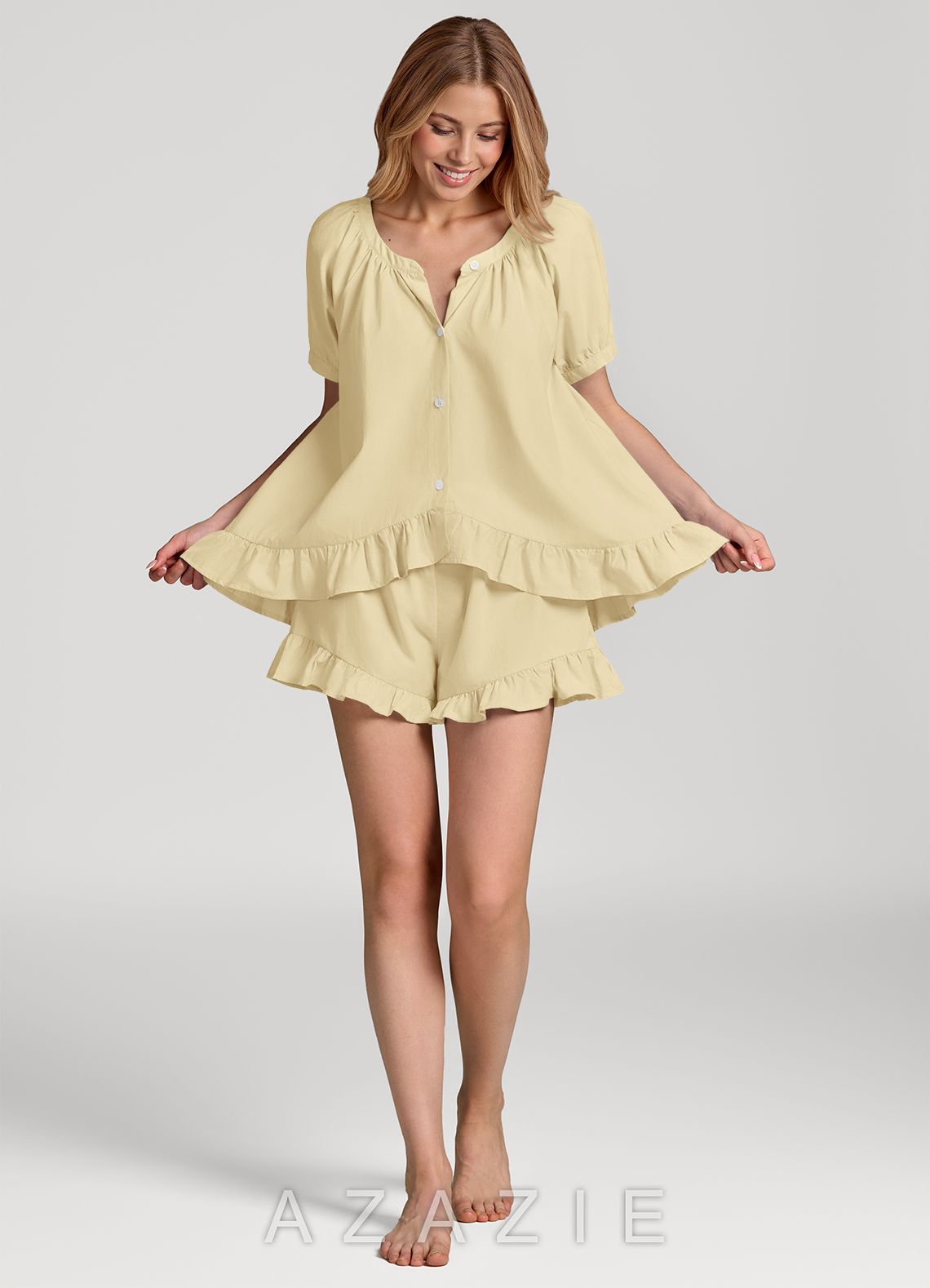 Ruffled Button Front Cotton Pajama Set  lemon_sorbet
