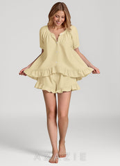 Ruffled Button Front Cotton Pajama Set  lemon_sorbet
