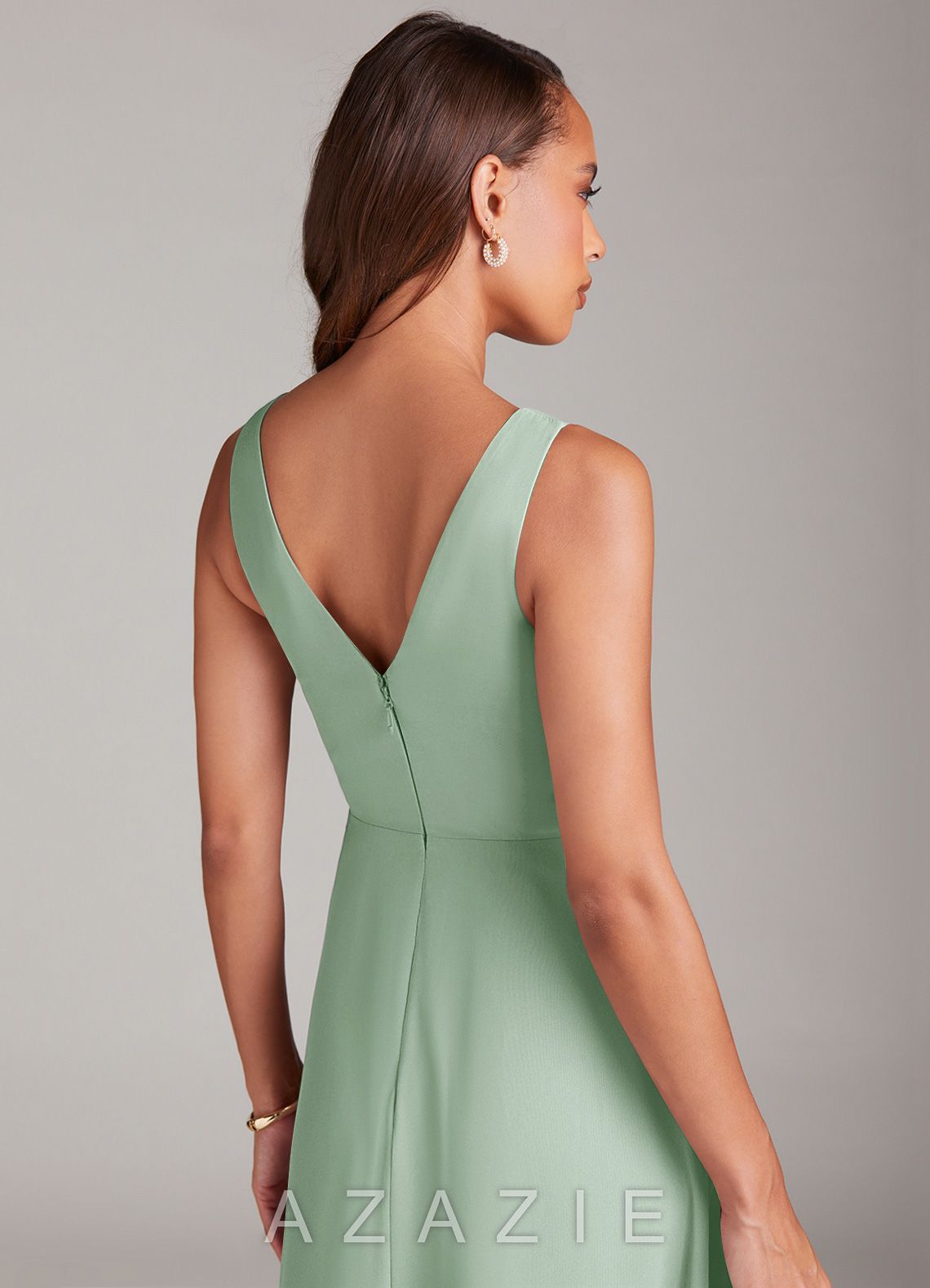 Azazie Nelly Agave A-Line Pleated Chiffon Dress agave