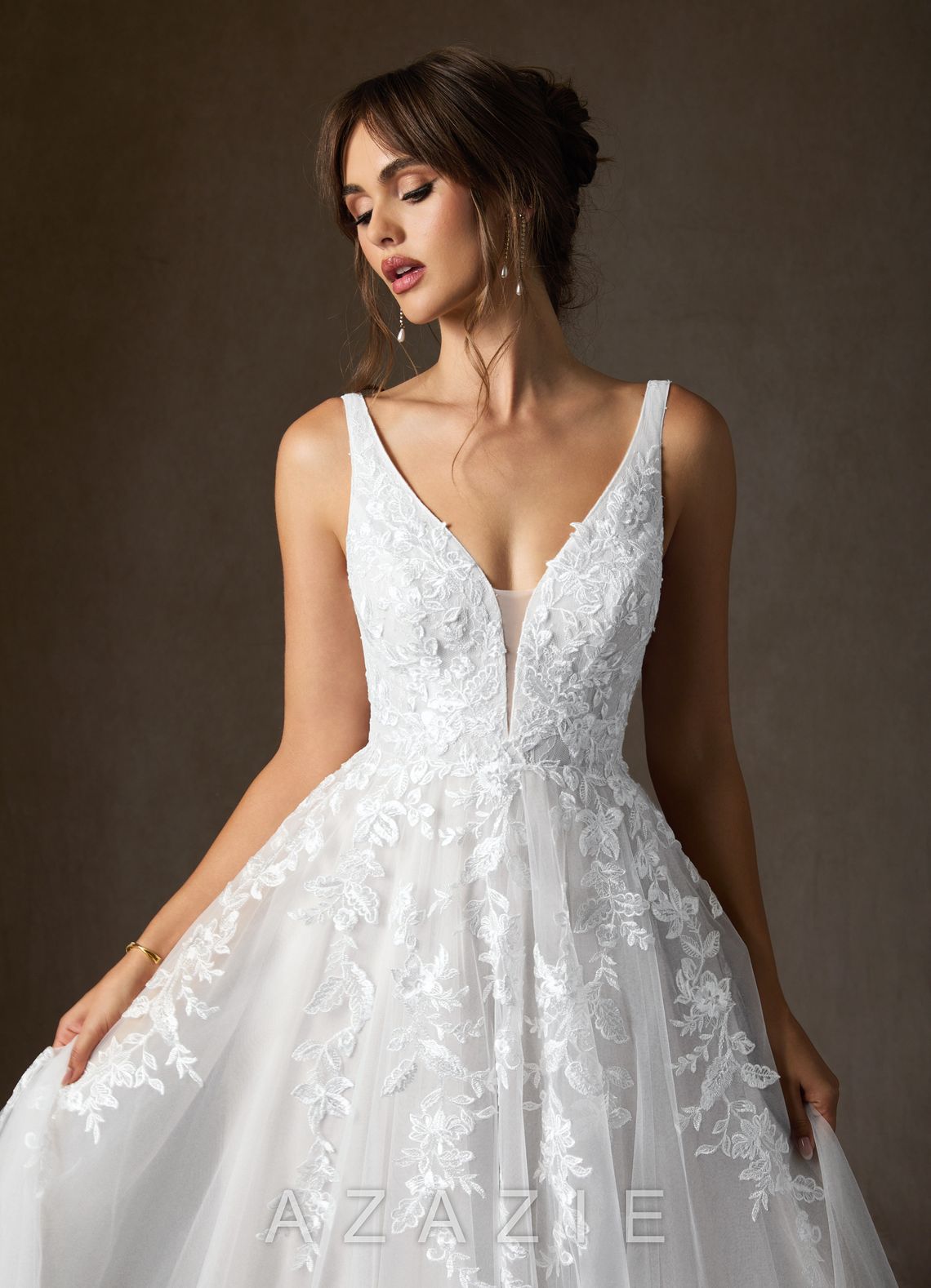 Azazie Sorella Wedding Dress Diamond White A-Line V-Neck Sequins Tulle Dress