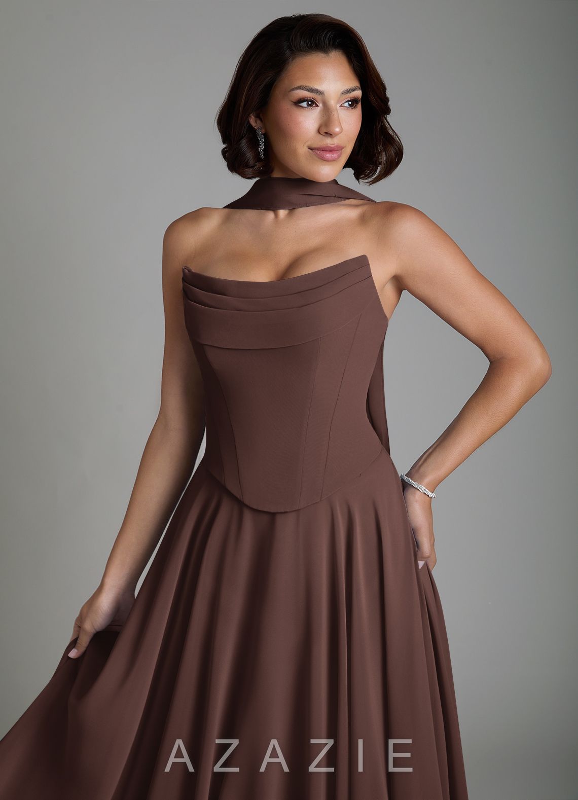 Azazie Ira Ganache A-Line Corset Chiffon Dress ganache