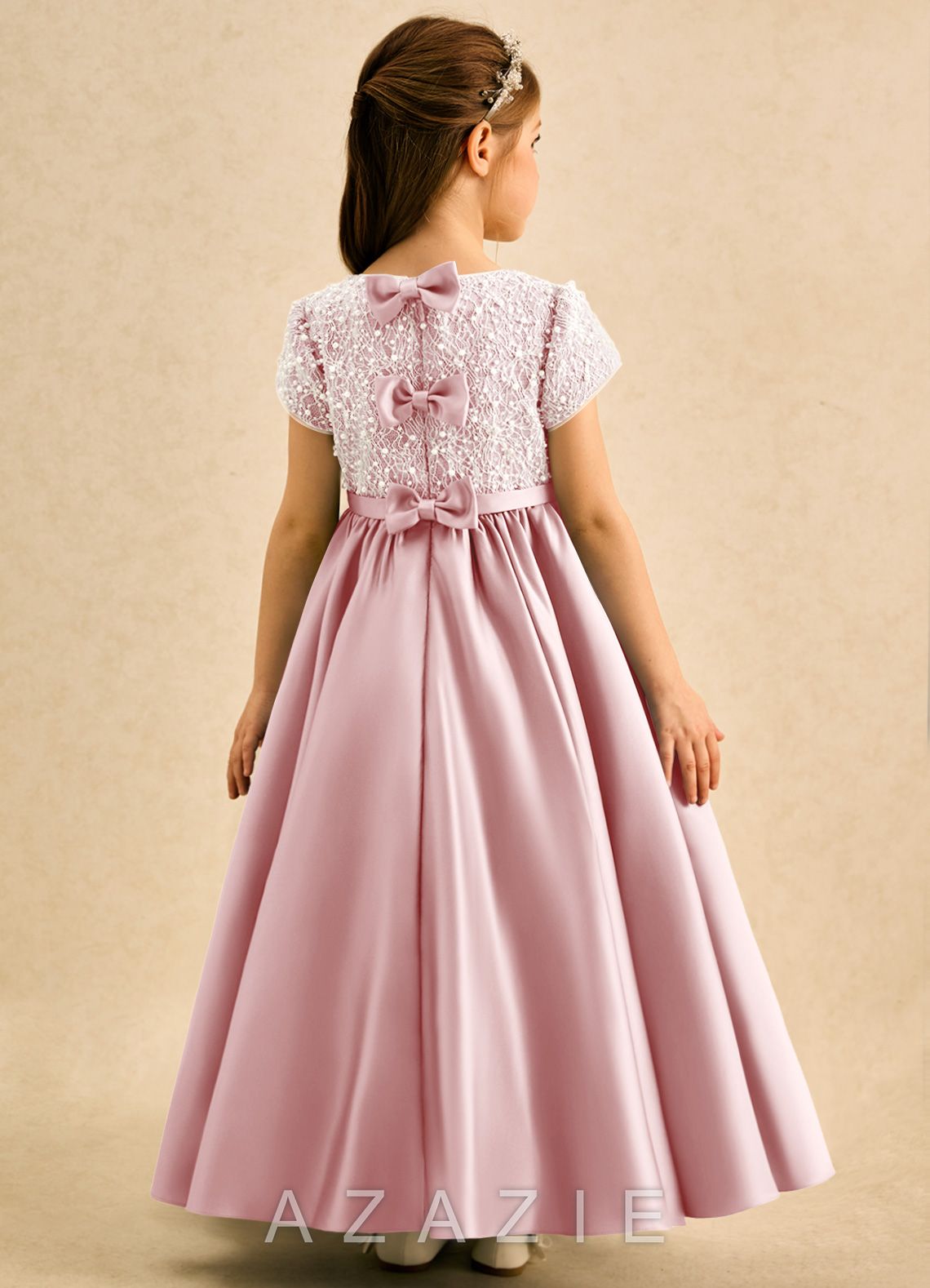 Azazie Cashew Powder Pink Ball-Gown with Sleeves Matte Satin Dress