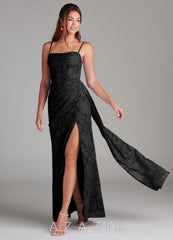 Azazie Denisa Black Sheath Pleated Floral Burnout Dress
