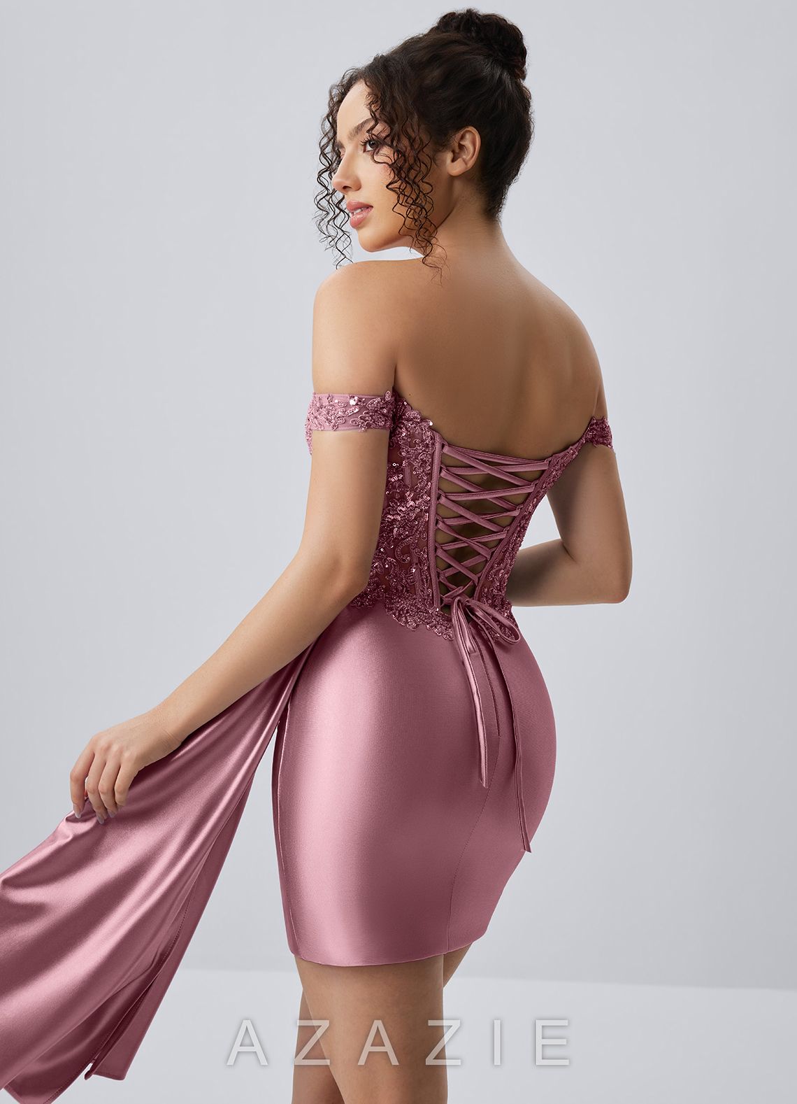 Oralien Dusty Pink Beading Sequin Embroidery Stretch Satin Ruffles Corset Lace-U