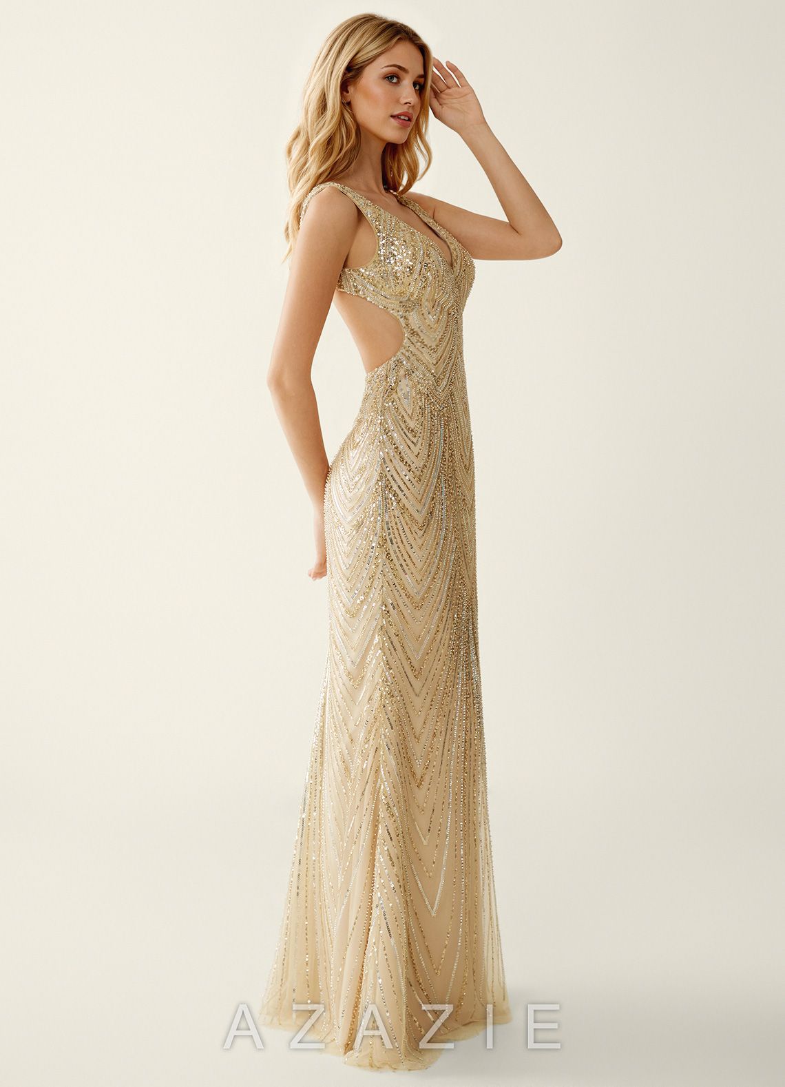 Hazelen Champagne V-Neck Sequined Lace Tulle Prom Dress  sp_champagne_#ce224