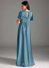 Azazie Verna A-Line Ruched Stretch Satin Floor-Length Dress bermuda