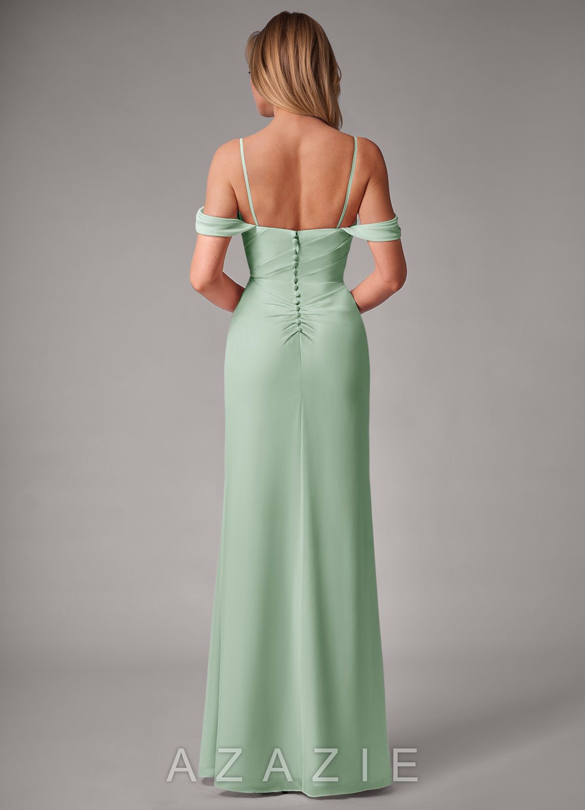 Azazie Haisley Agave Sheath Off the Shoulder Chiffon Convertible Dress agave