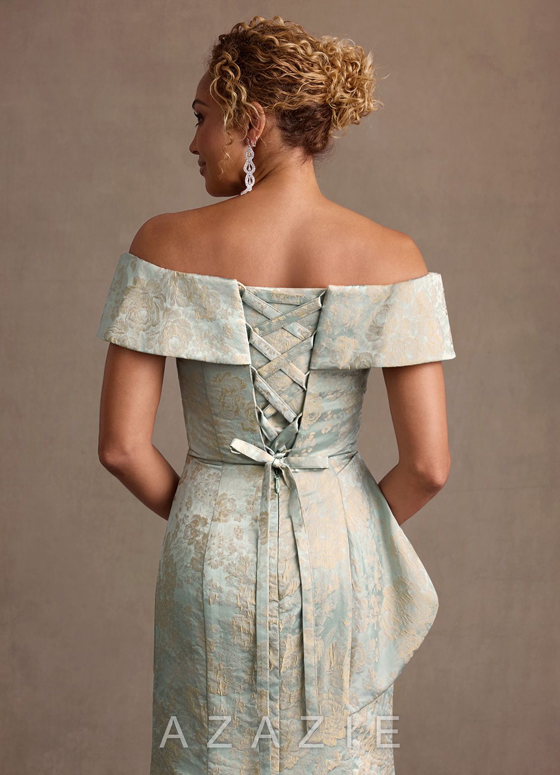 Azazie Kaddar Vintage Blue Sheath Off the Shoulder Floral Jacquard Dress vintage_blue