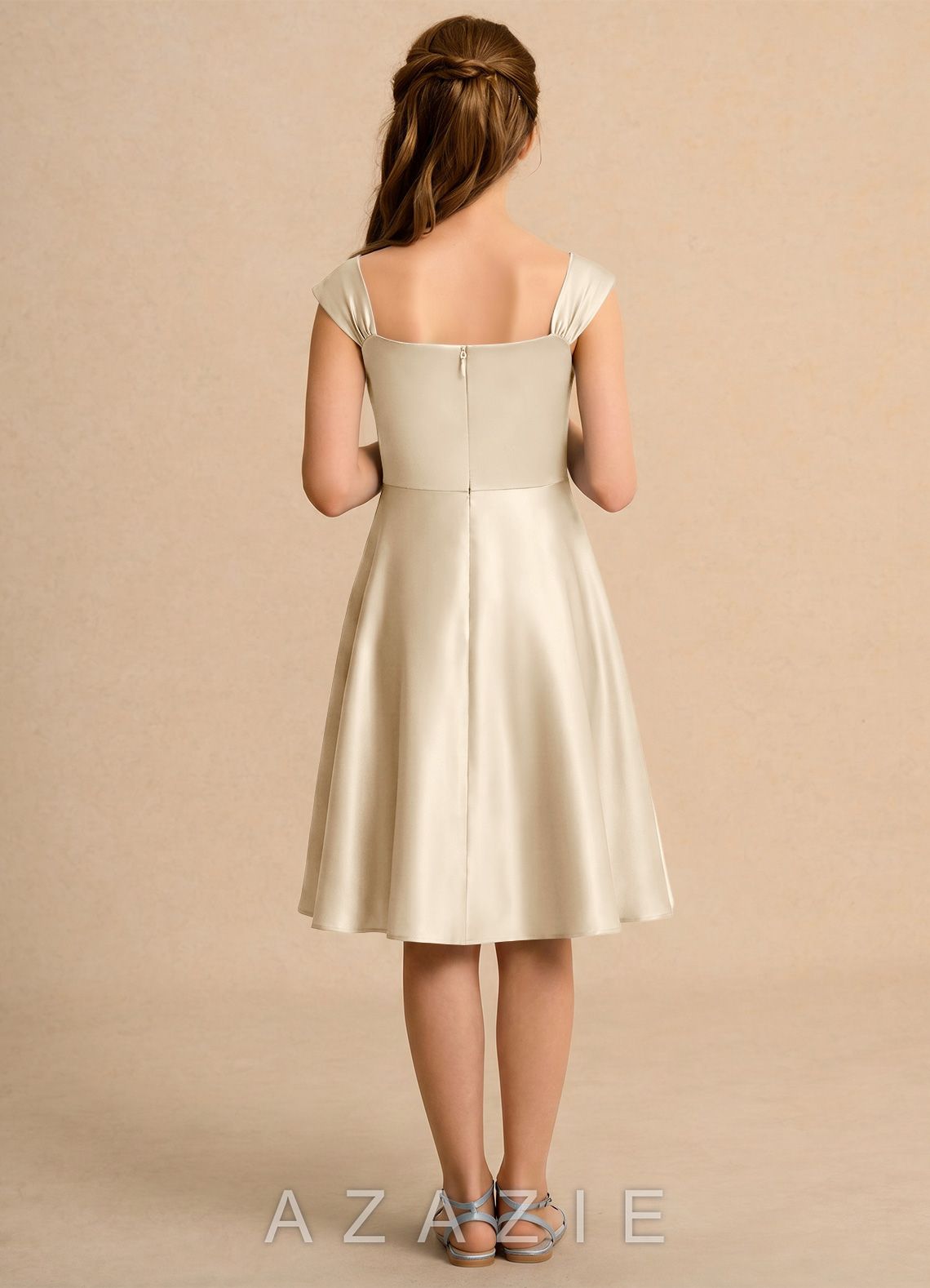 Azazie Budle Girls Formal Champagne A-Line Pleated Matte Satin Dress champagne