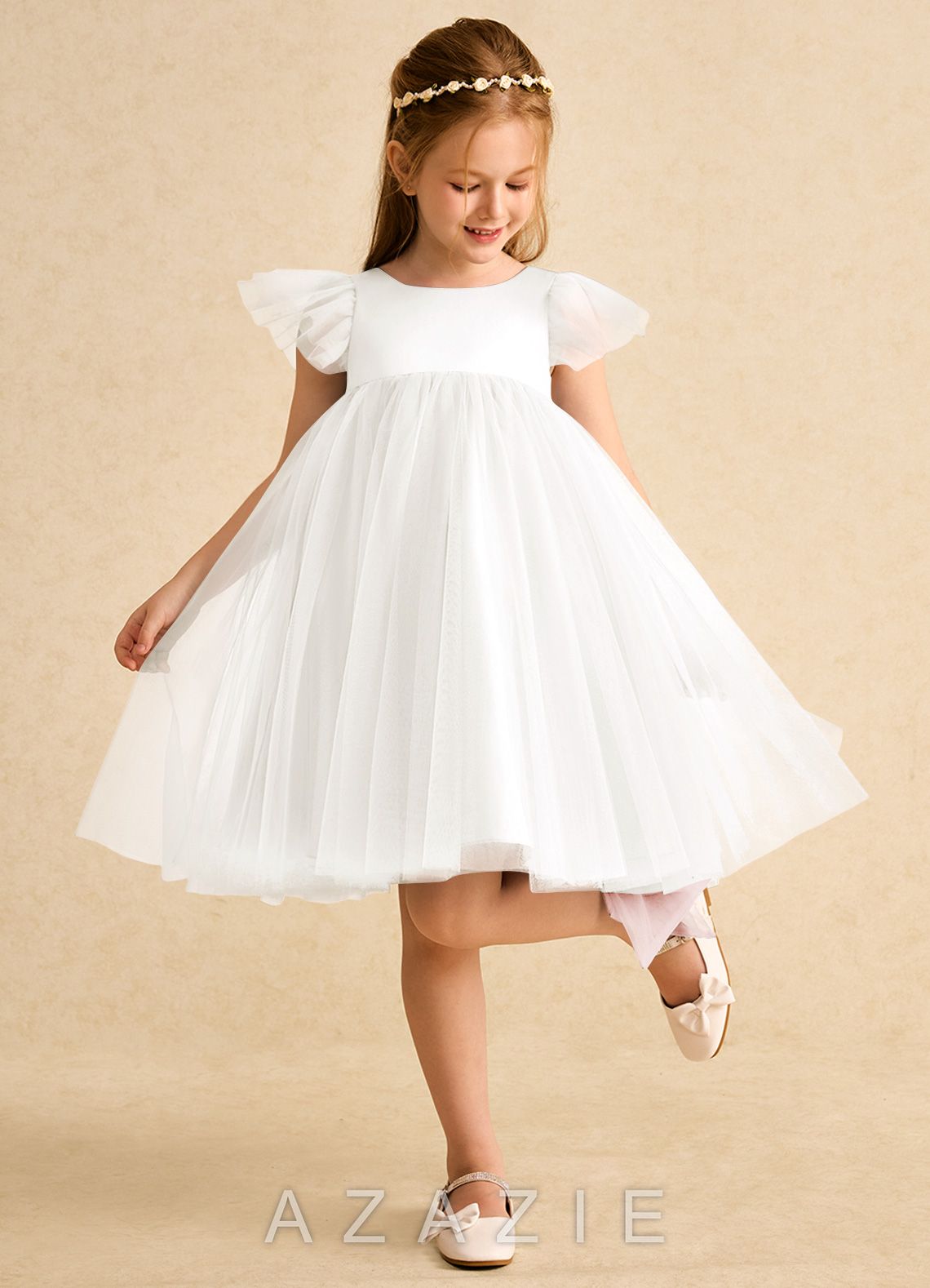 Azazie Munchkin Ivory Blushing Pink A-Line Bow Tulle Dress ivory/blushing_pink