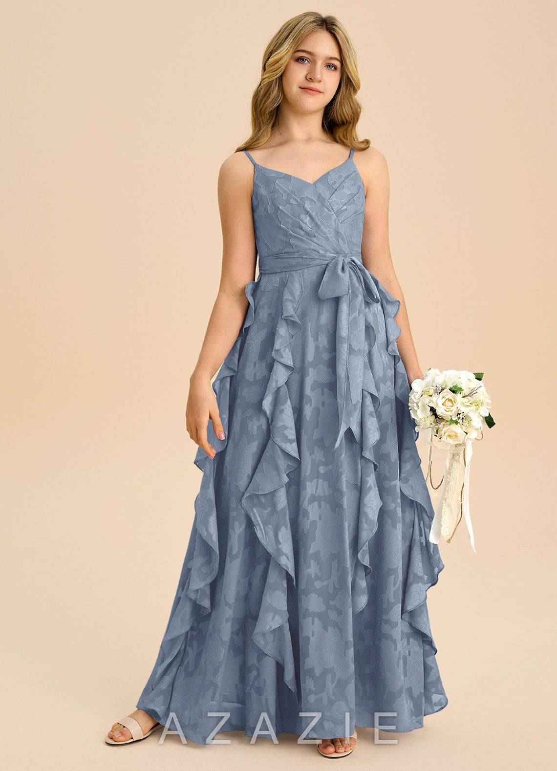 Azazie Peyton Junior Dusty Blue A-Line Pleated Floral Burnout Dress dusty_blue
