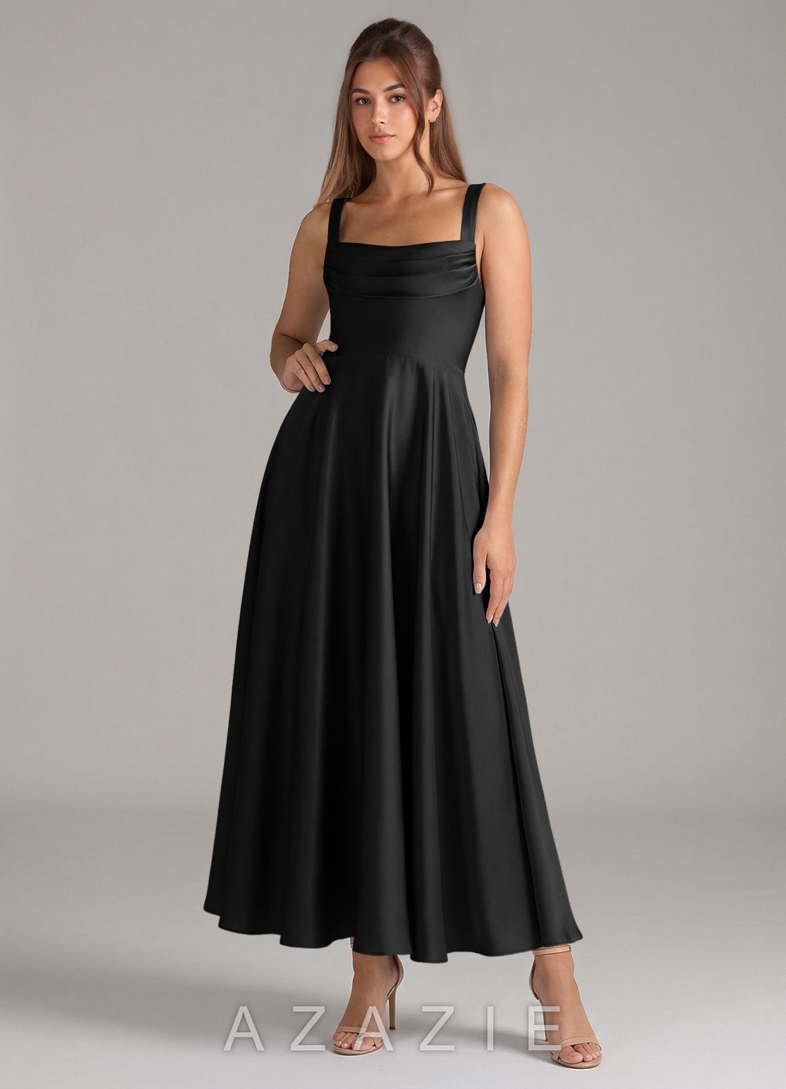 Azazie Shaude Black A-Line Pleated Stretch Satin Dress
