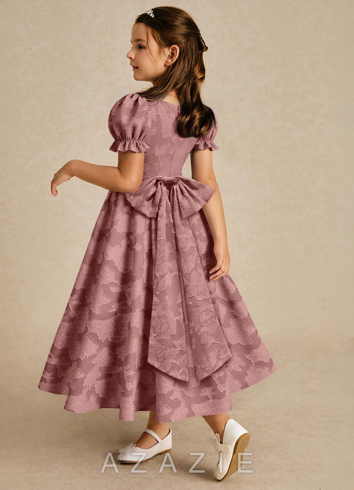 Azazie Joss Dusty Rose A-Line with Sleeves Floral Burnout Dress dusty_rose