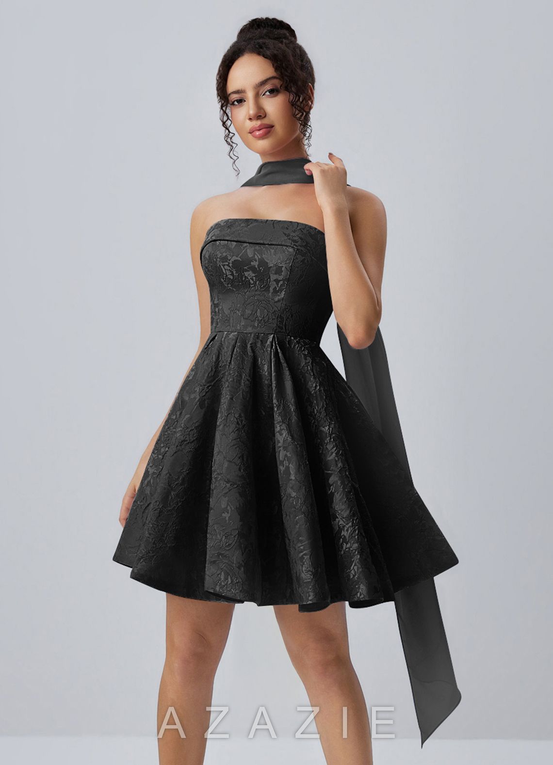 Calistabella Black A-Line Jacquard Chiffon Mini Dress