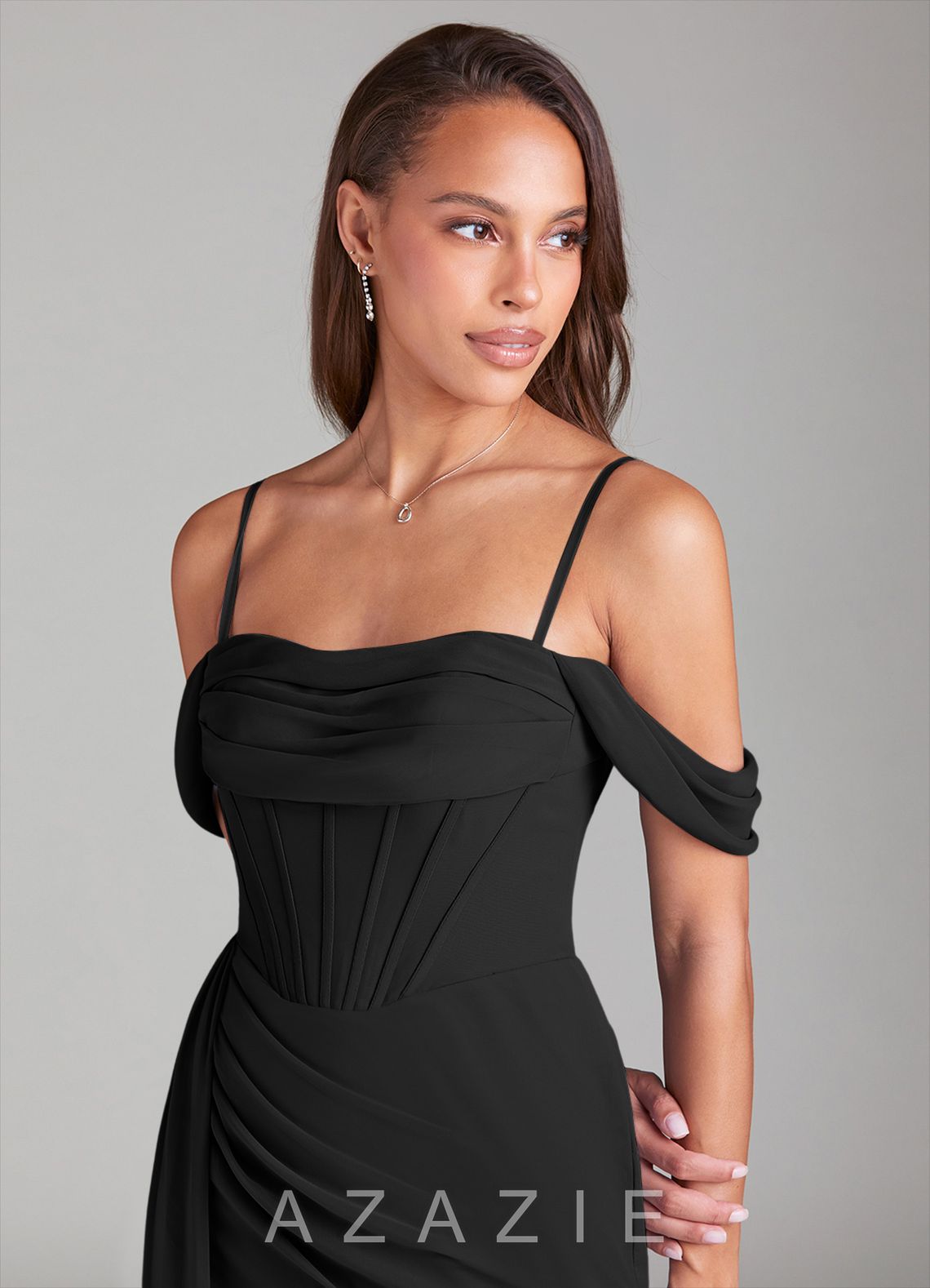 Azazie Amyra Black Sheath Off the Shoulder Chiffon Convertible Dress black