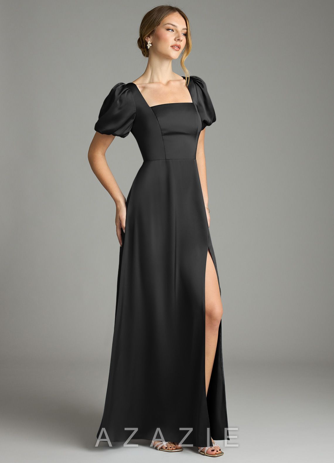 Azazie Fyona Black A-Line Pleated Stretch Satin Dress black