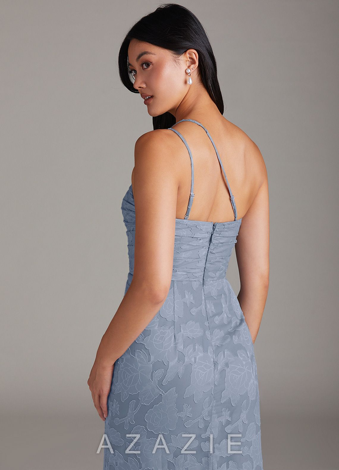 Azazie Eren Dusty Blue Sheath One Shoulder Floral Burnout Dress dusty_blue