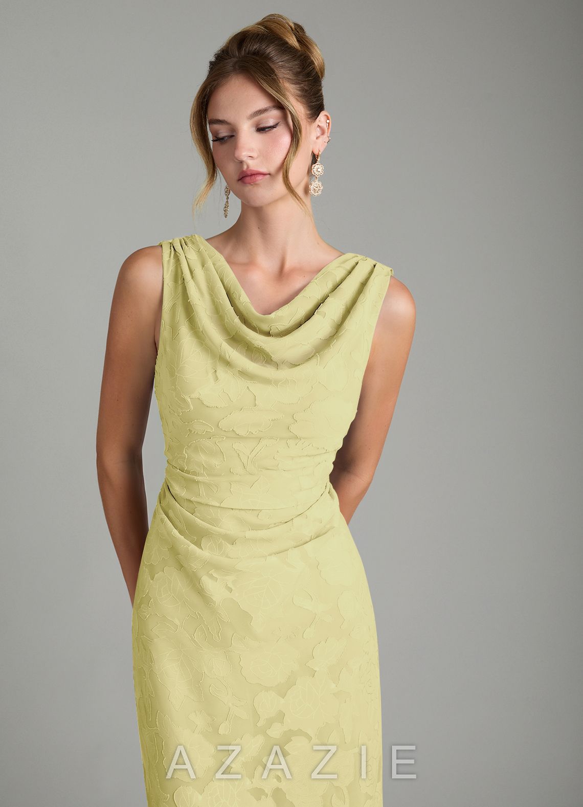 Azazie Kieryn Lemon Sorbet Mermaid Pleated Floral Burnout Dress lemon_sorbet