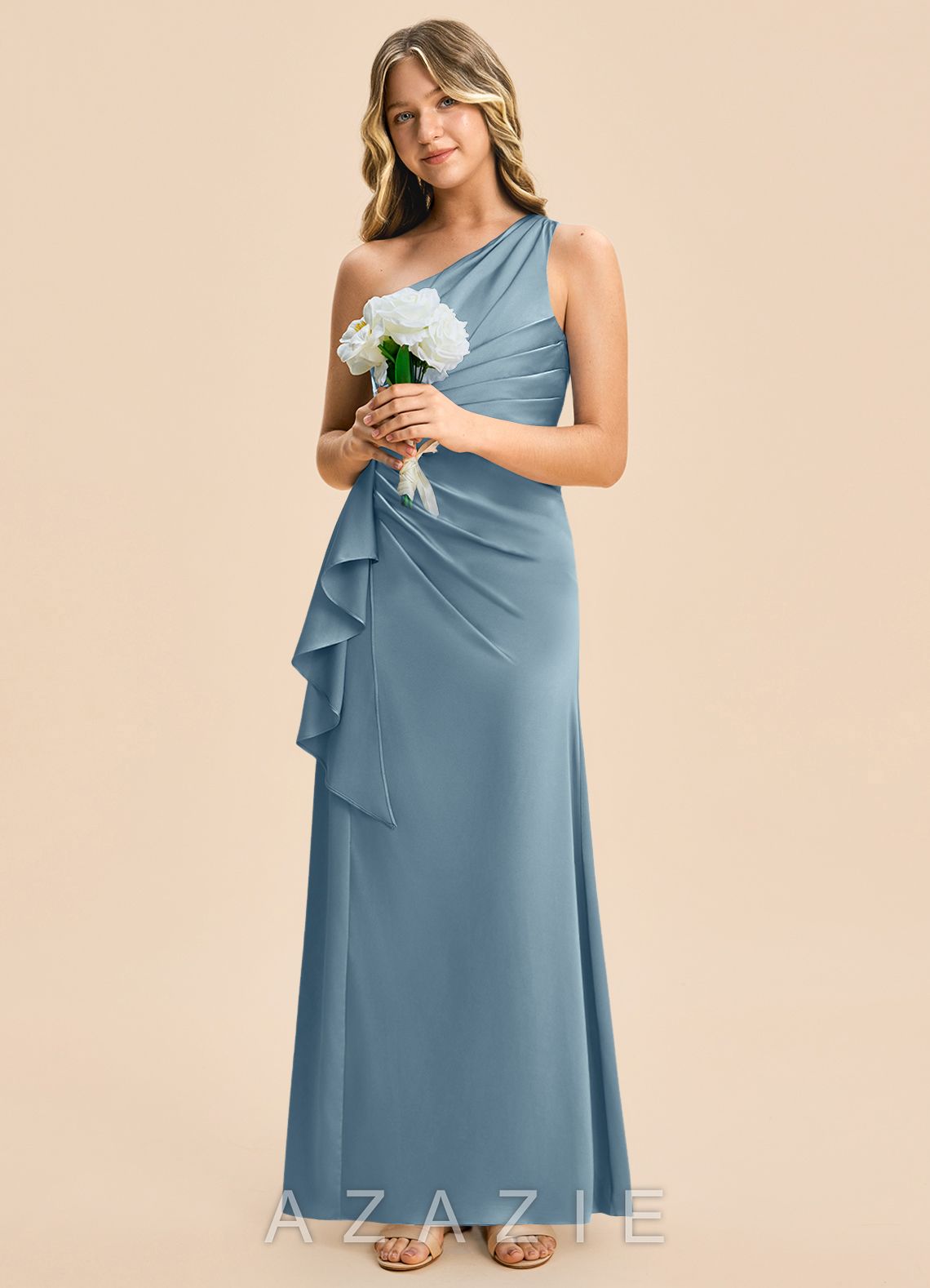 Azazie Kayden Junior Dusty Blue Sheath Ruched Stretch Satin Dress dusty_blue