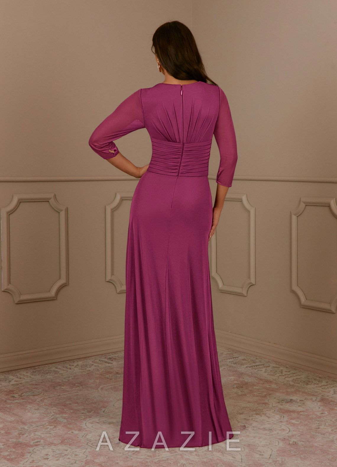 Azazie Annetta Mulberry A-Line V-Neck Pleated Mesh Dress mulberry