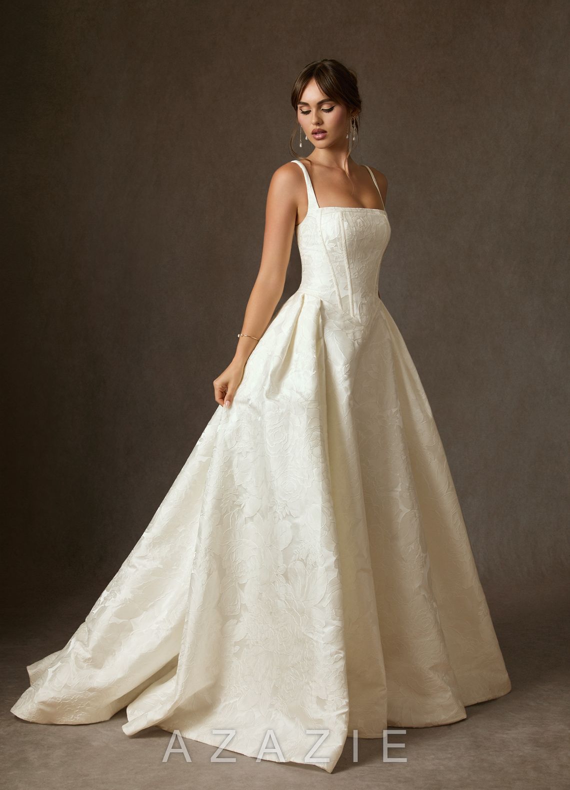 Azazie Delvina Antique White Ball-Gown with Pockets Floral Jacquard Dress antique_white