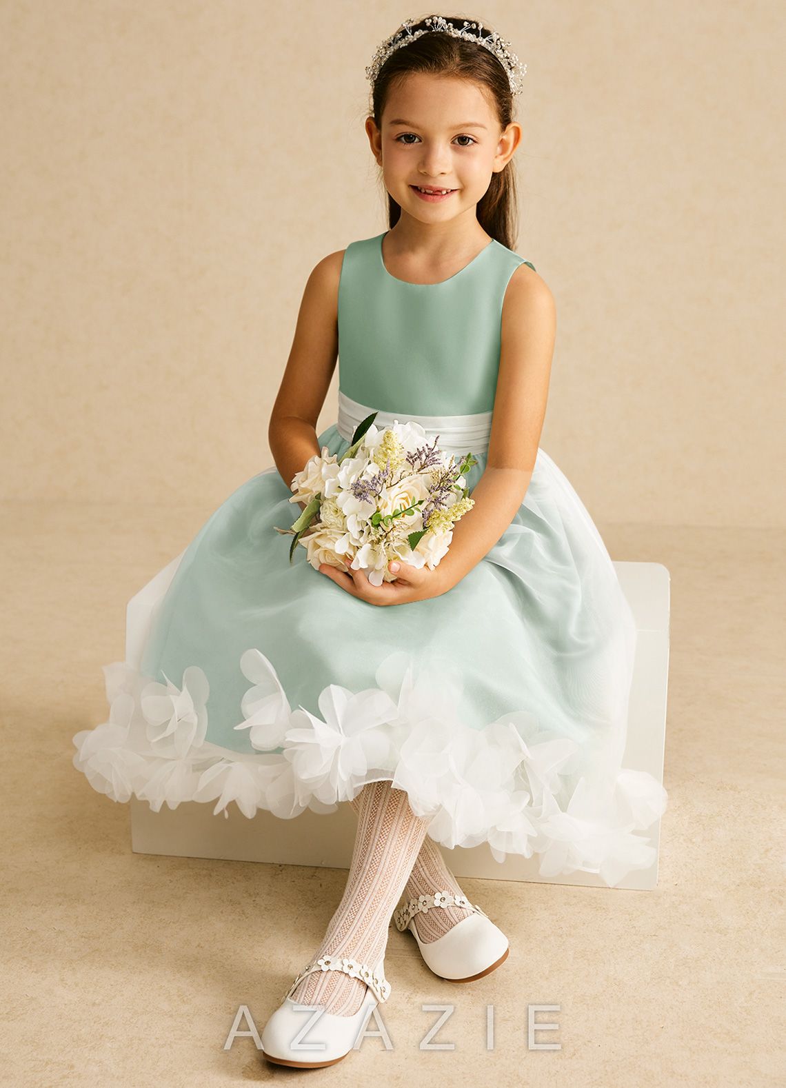 Azazie Stardust Agave A-Line Sleeveless Organza Dress agave