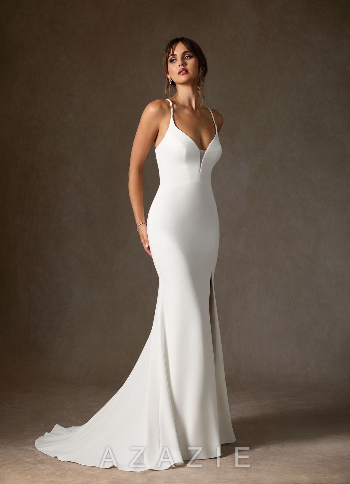 Azazie Iden Diamond White Mermaid V-Neck Stretch Crepe Dress diamond_white