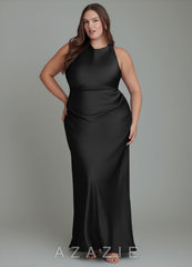 Azazie Evadne Black Sheath Pleated Stretch Satin Dress black