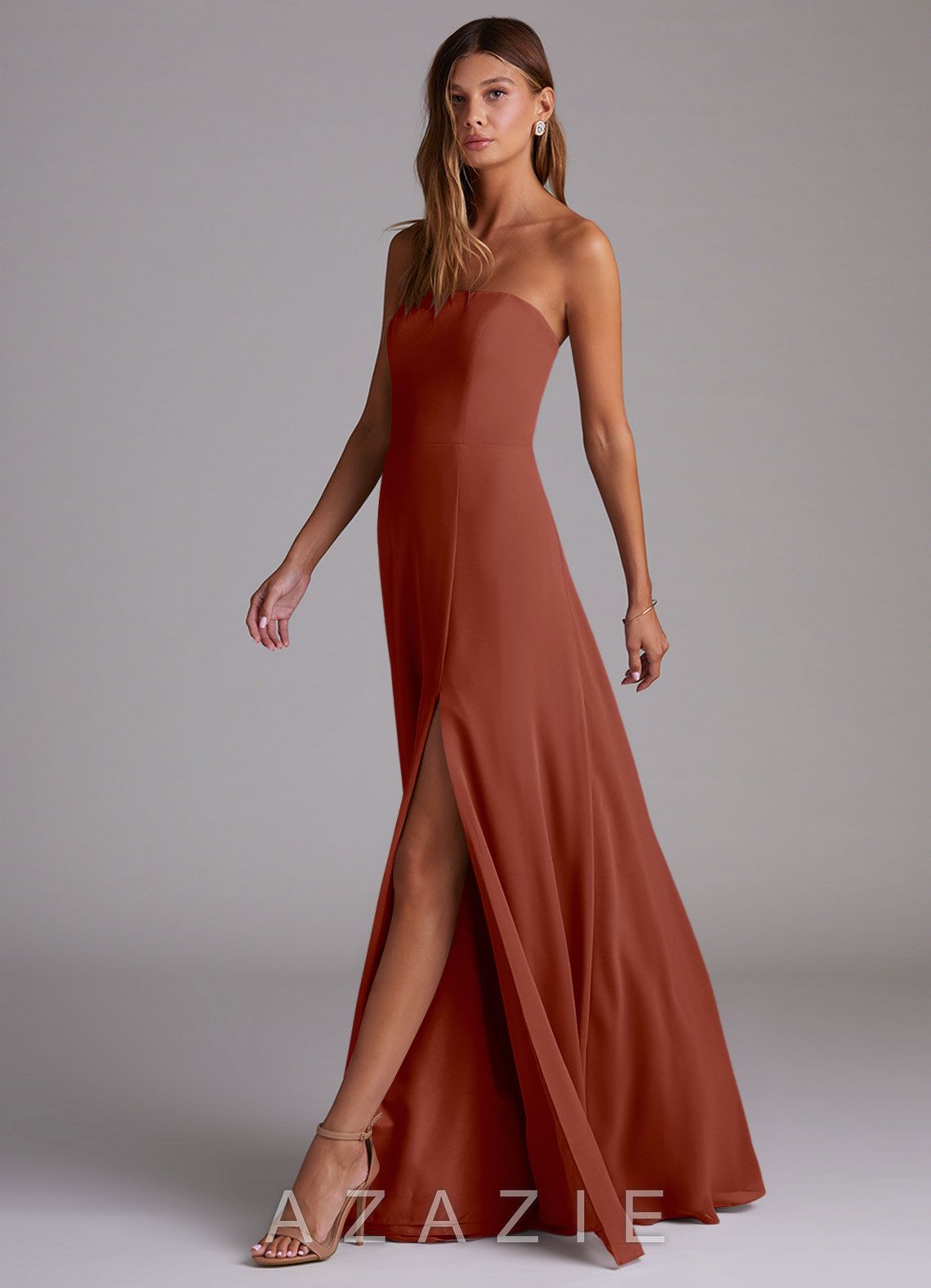 Azazie Wren Auburn A-Line Side Slit Chiffon Convertible Dress auburn