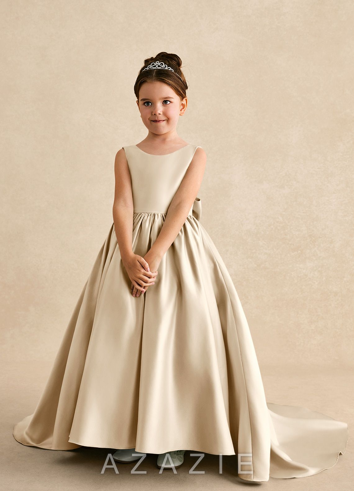 Azazie Mimia Champagne A-Line Bow Matte Satin Dress champagne