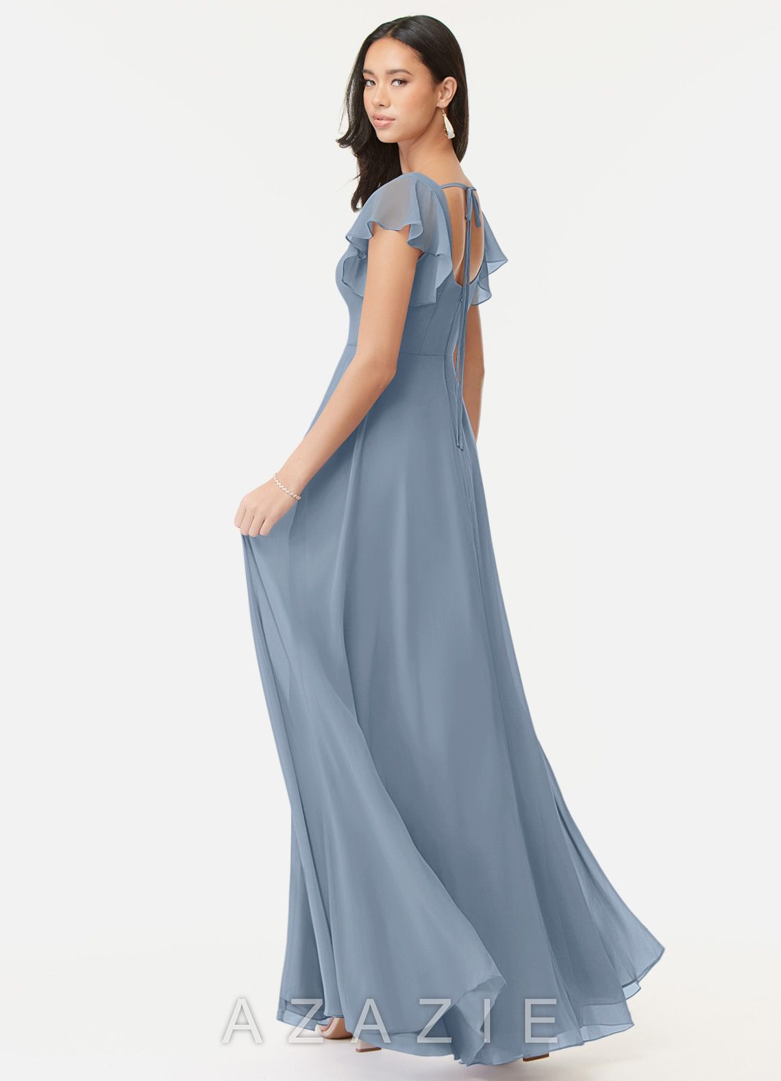 Azazie Bondi Dusty Blue A-Line Ruffled Chiffon Dress dusty_blue